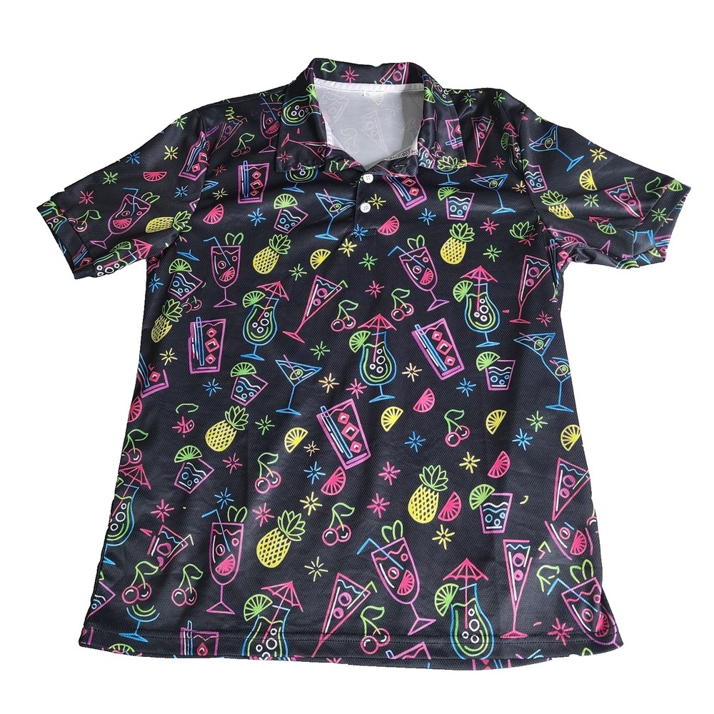 Men's Black Multicolor Neon Tropical Graphic Print Polo Shirt XL Golf‎ Resort